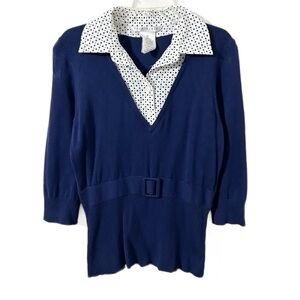 Fred David Navy Blue Knit Sweater White Polka Dot Collar Belt Accent 3/4 Sleeve